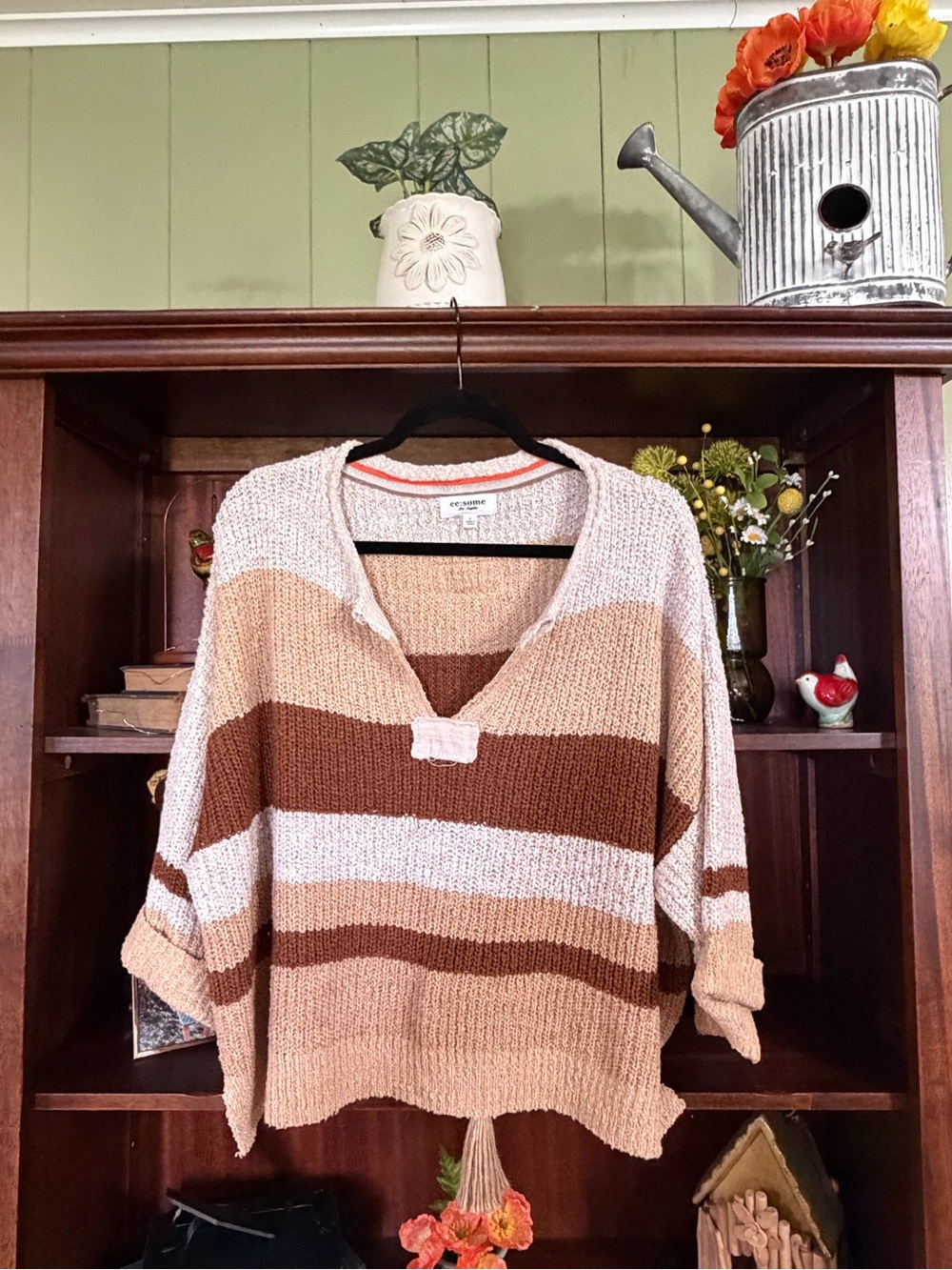 eesome Striped V-Neck Sweater in Beige, Brown & Cream